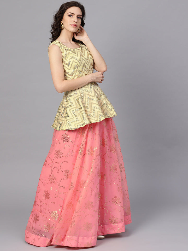 Peplum Crop Top Lehenga with Foil Print, Mirror Work