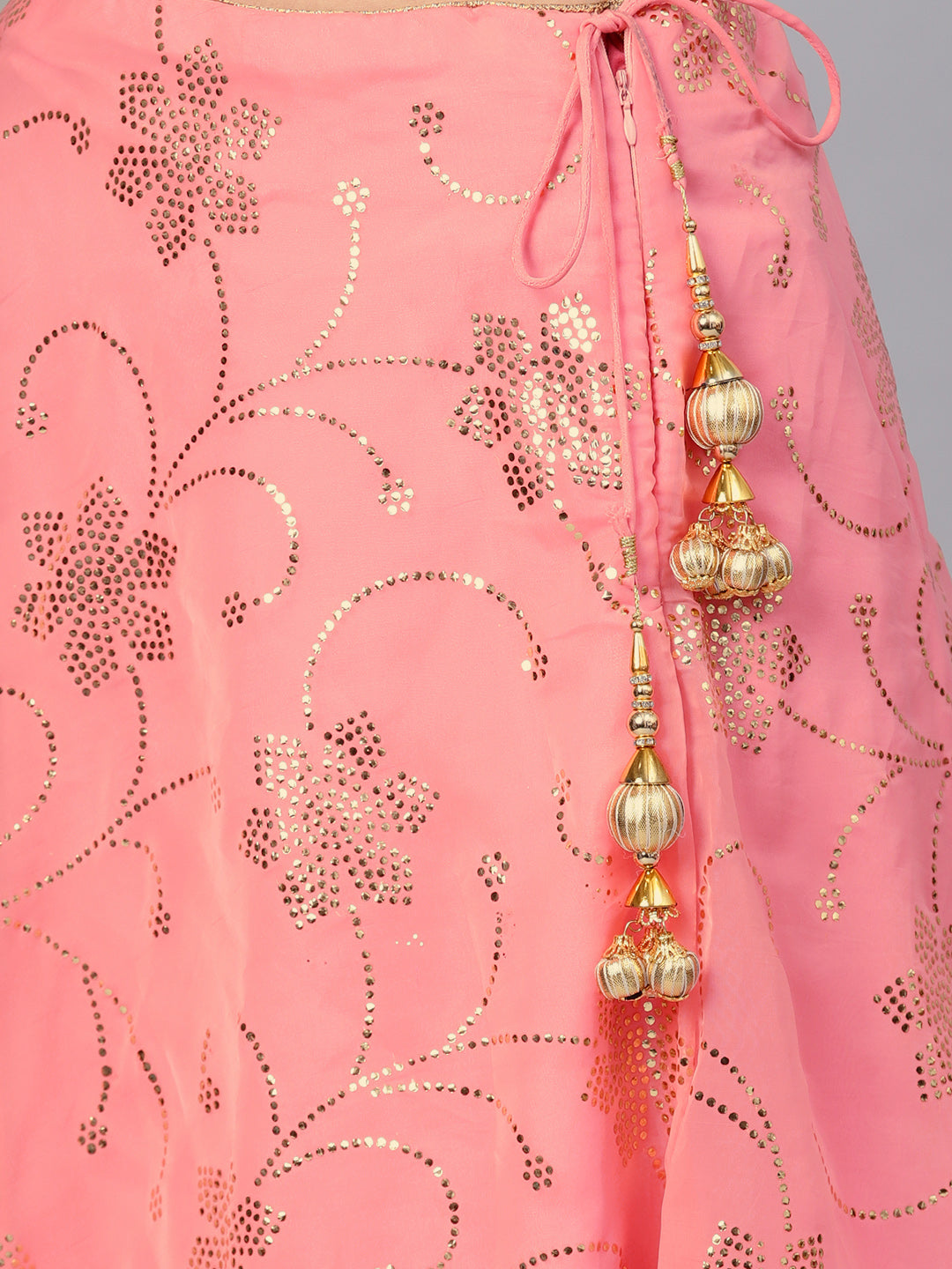 Peplum Crop Top Lehenga with Foil Print, Mirror Work