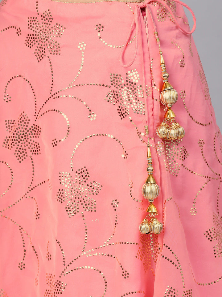 Peplum Crop Top Lehenga with Foil Print, Mirror Work