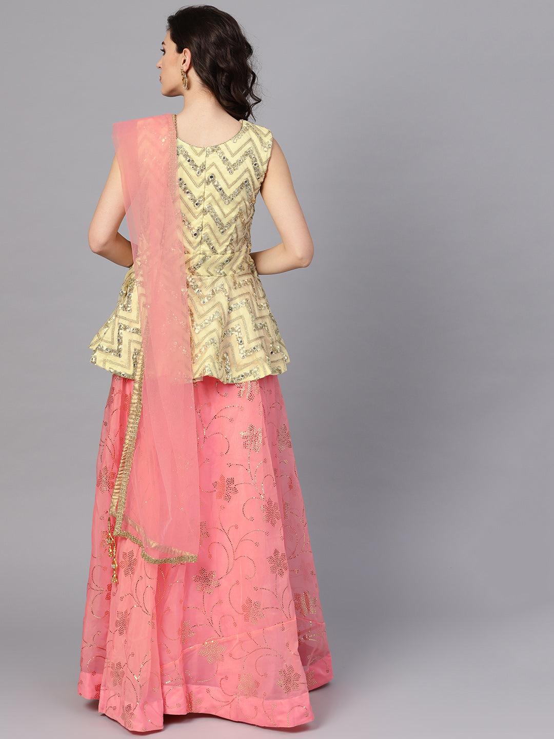 Peplum Crop Top Lehenga with Foil Print, Mirror Work
