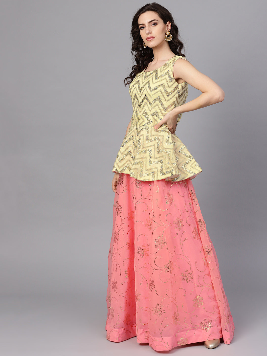 Peplum Crop Top Lehenga with Foil Print, Mirror Work
