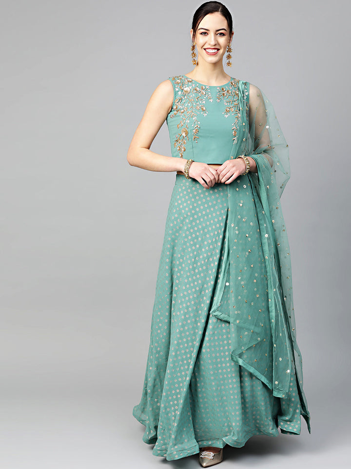 Sequin and Cut-dana Embroidered Crop Top with Foil Print Llehenga