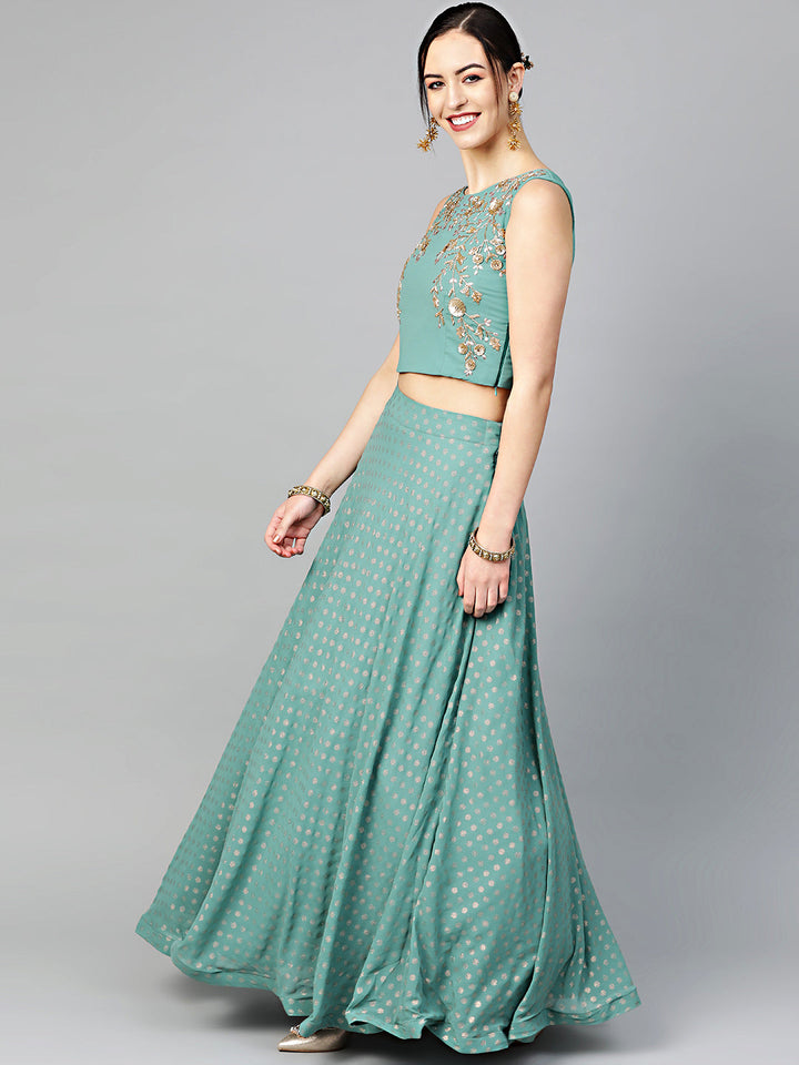 Sequin and Cut-dana Embroidered Crop Top with Foil Print Llehenga