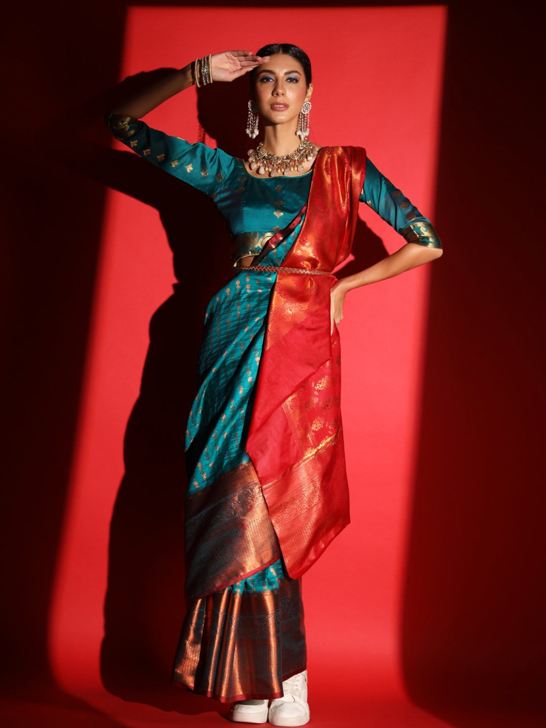 Teal Blue Banarasi Silk Saree with Copper Weaving & Contrast Border
