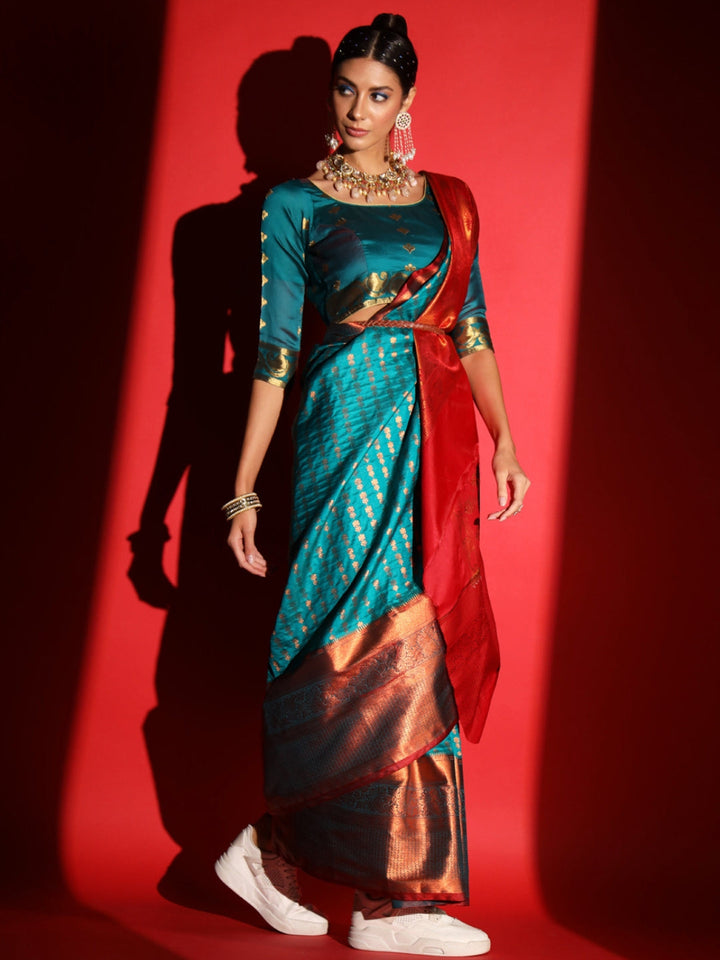 Teal Blue Banarasi Silk Saree with Copper Weaving & Contrast Border