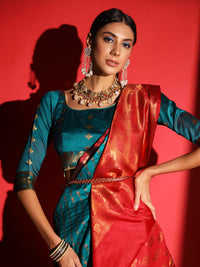 Teal Blue Banarasi Silk Saree with Copper Weaving & Contrast Border