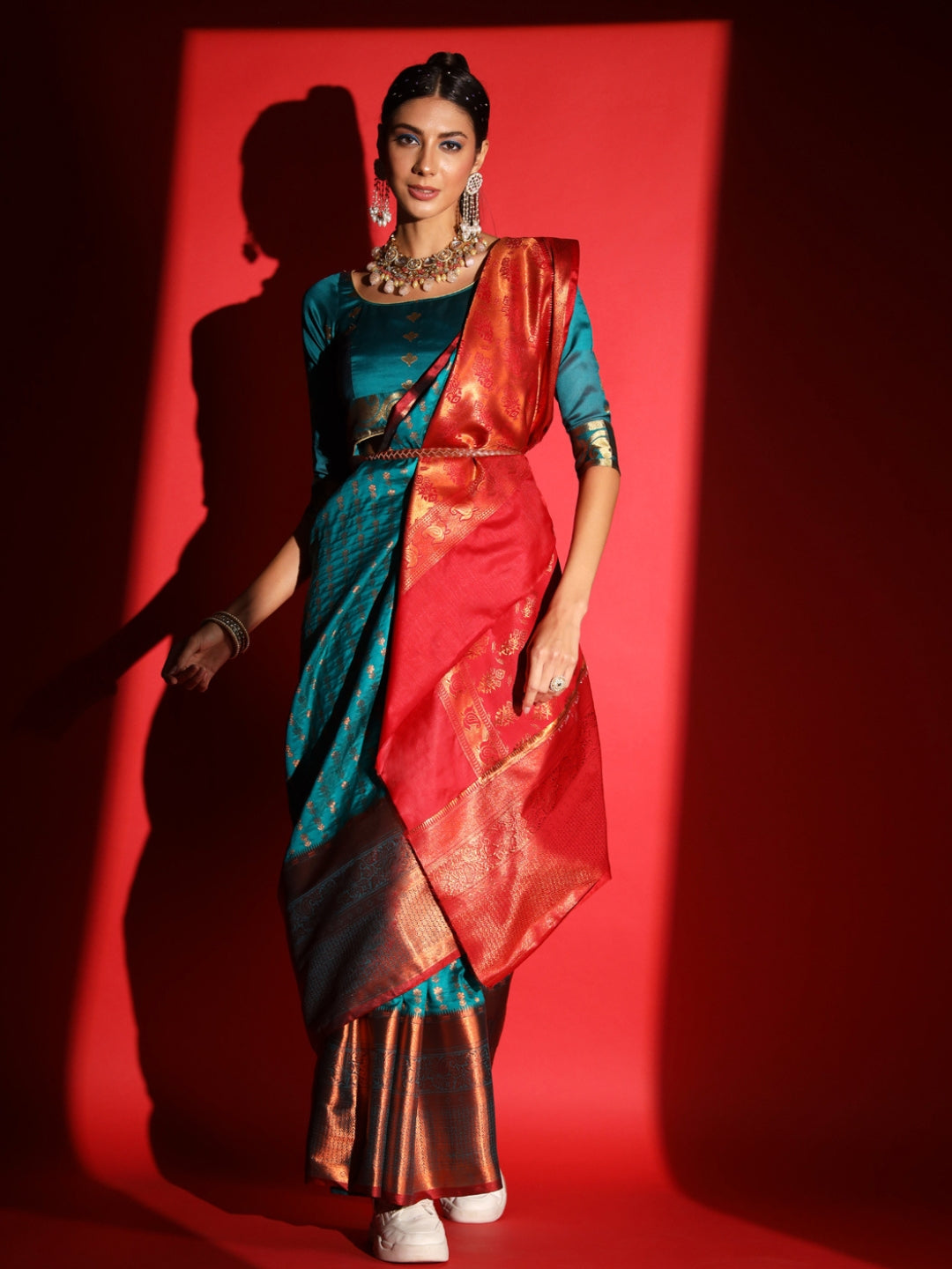 Teal Blue Banarasi Silk Saree with Copper Weaving & Contrast Border