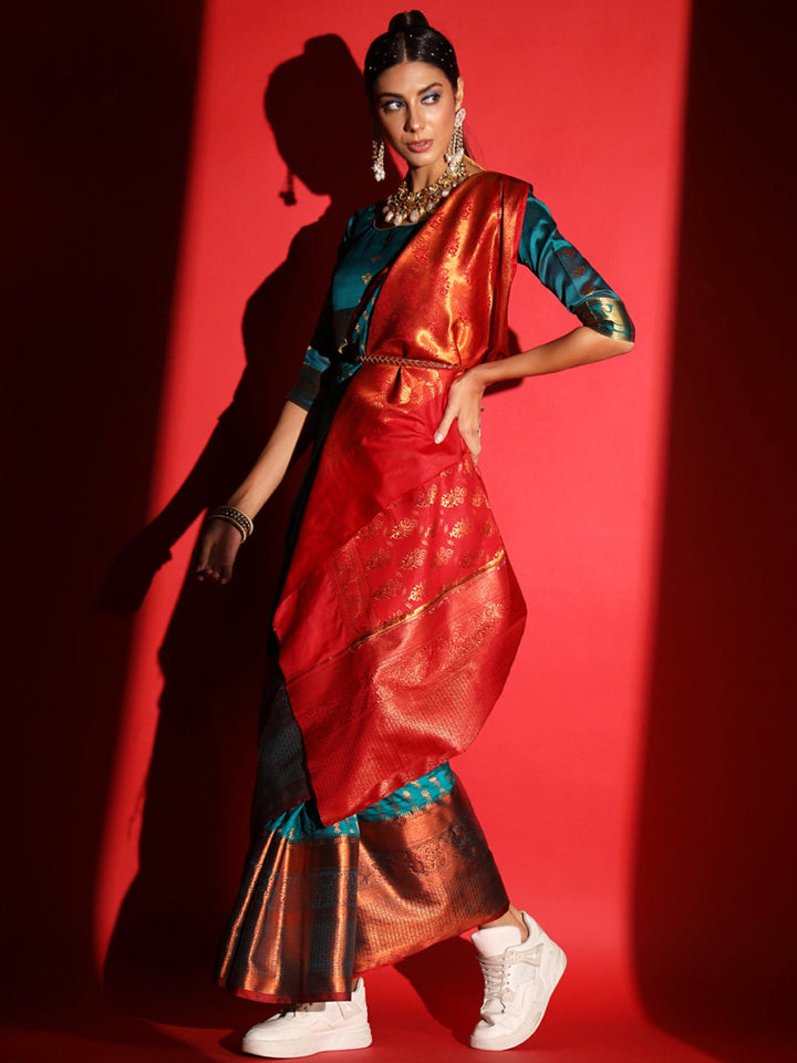 Teal Blue Banarasi Silk Saree with Copper Weaving & Contrast Border