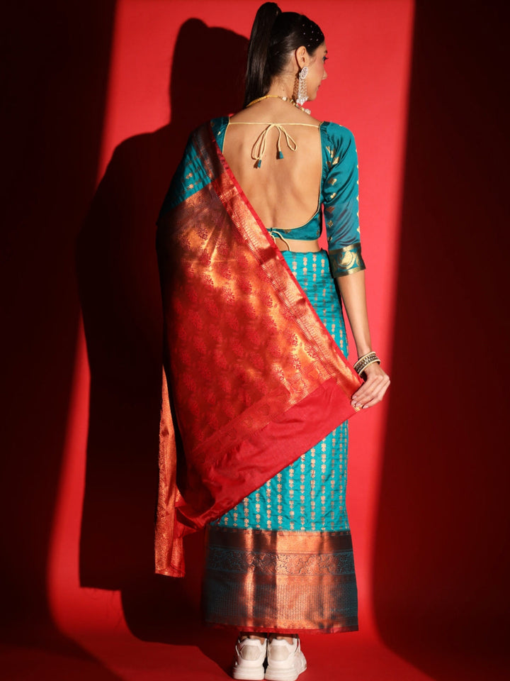Teal Blue Banarasi Silk Saree with Copper Weaving & Contrast Border