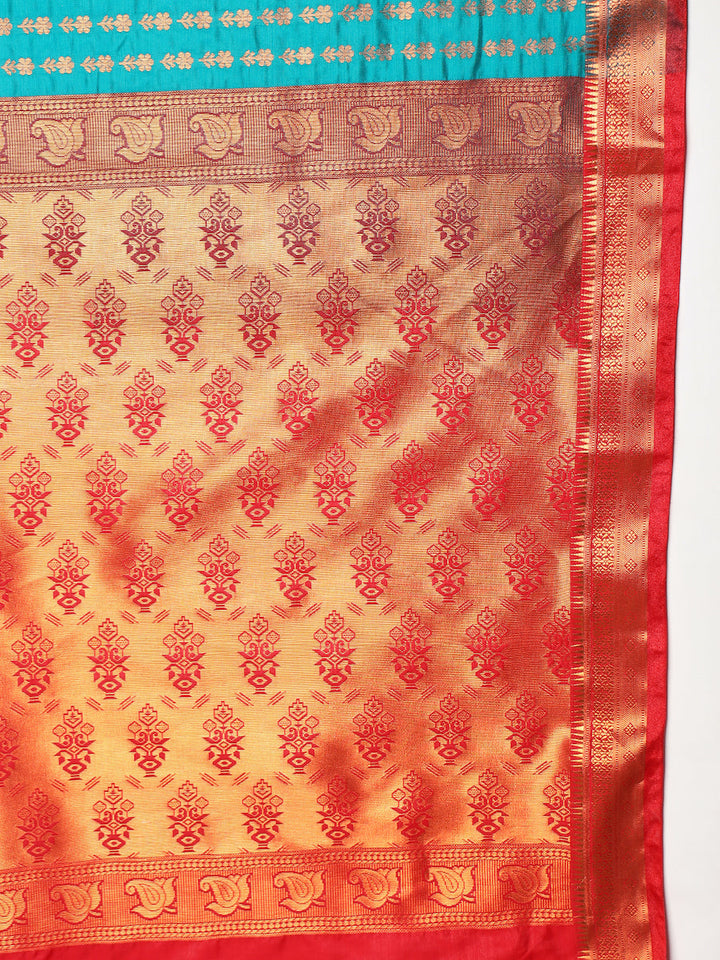 Teal Blue Banarasi Silk Saree with Copper Weaving & Contrast Border
