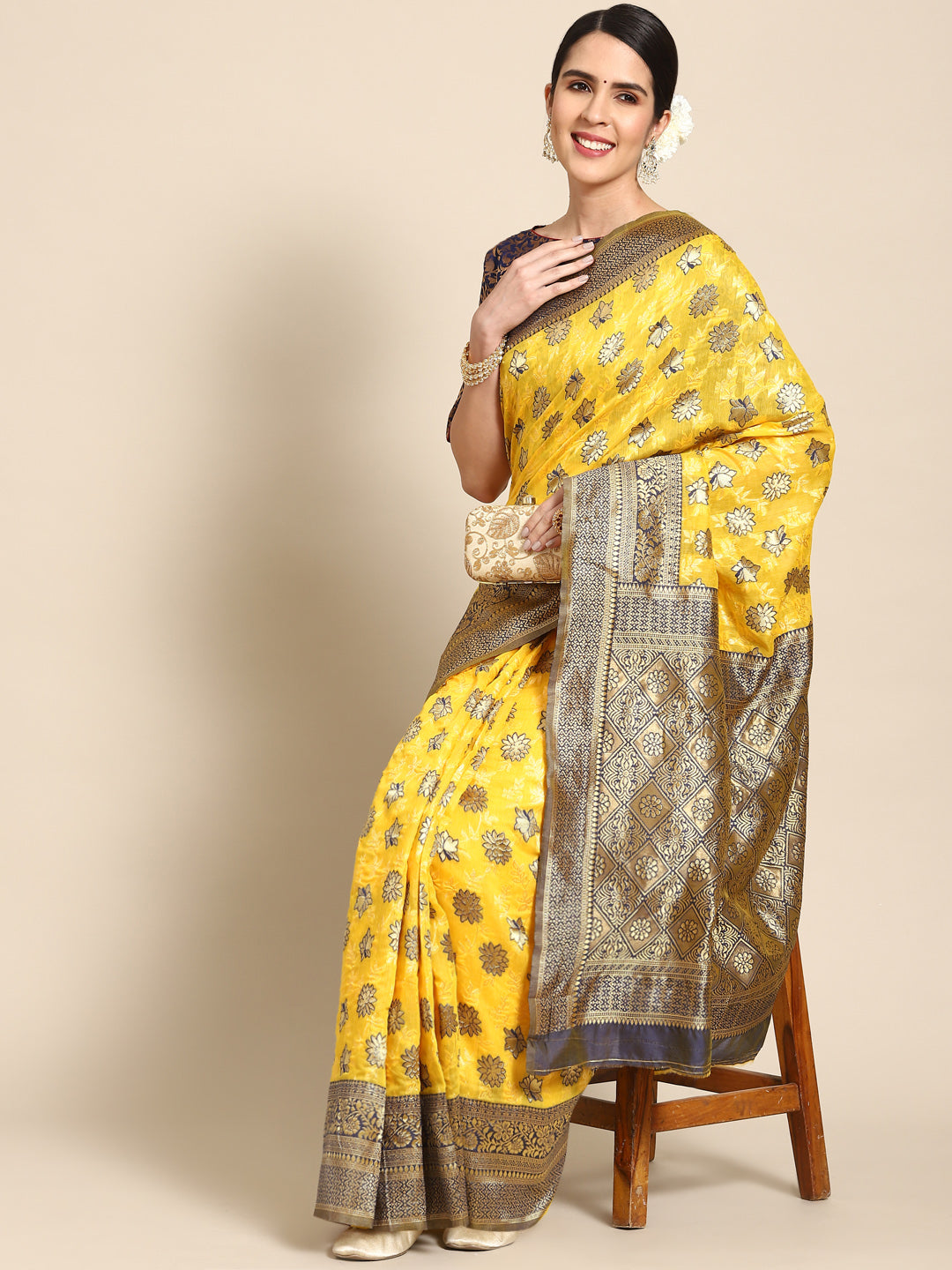 Yellow Banarasi Floral Resham Silk Saree With Contrast Blouse