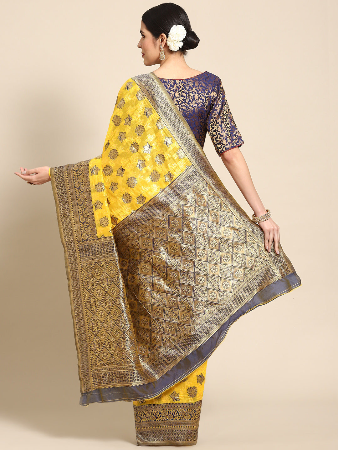 Yellow Banarasi Floral Resham Silk Saree With Contrast Blouse