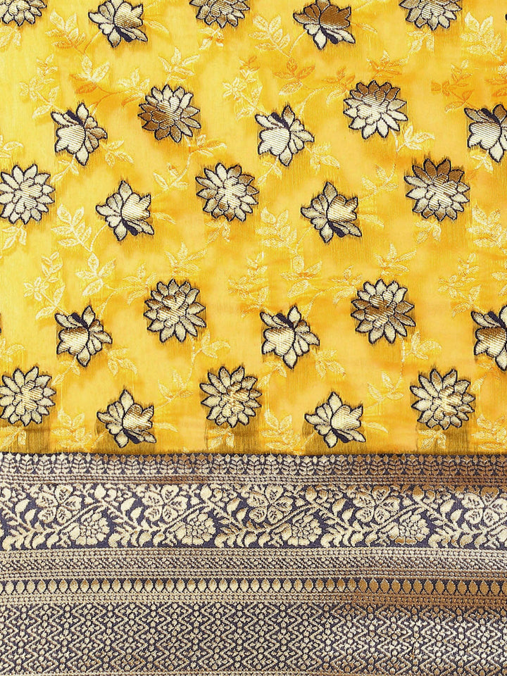 Yellow Banarasi Floral Resham Silk Saree With Contrast Blouse