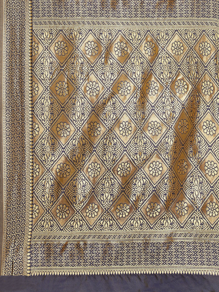 Yellow Banarasi Floral Resham Silk Saree With Contrast Blouse