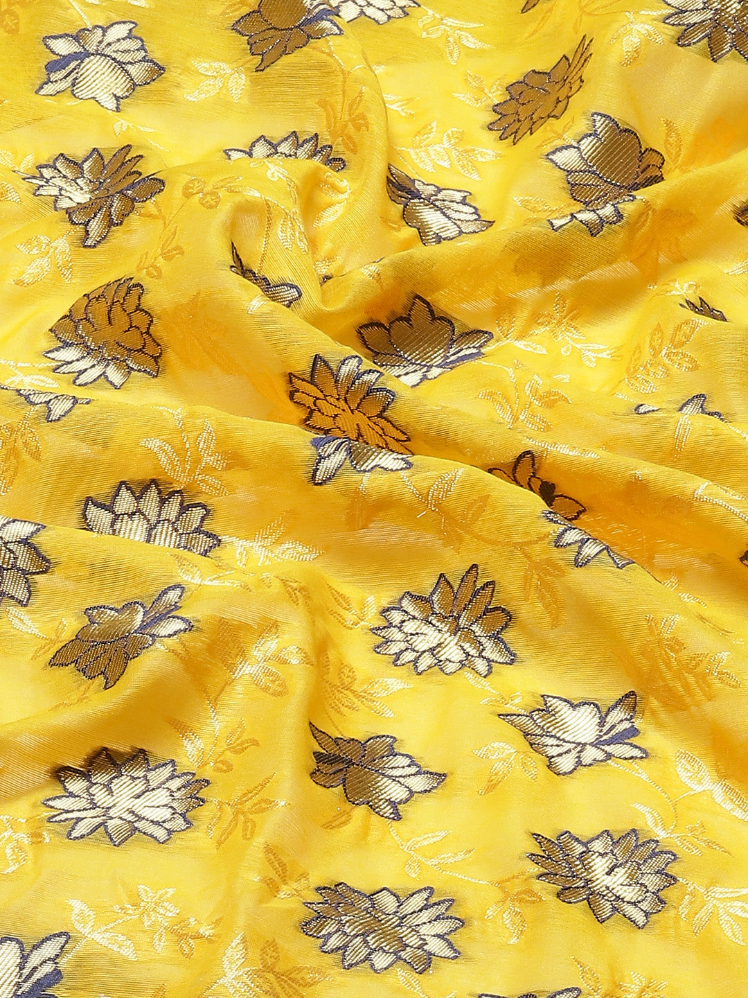 Yellow Banarasi Floral Resham Silk Saree With Contrast Blouse