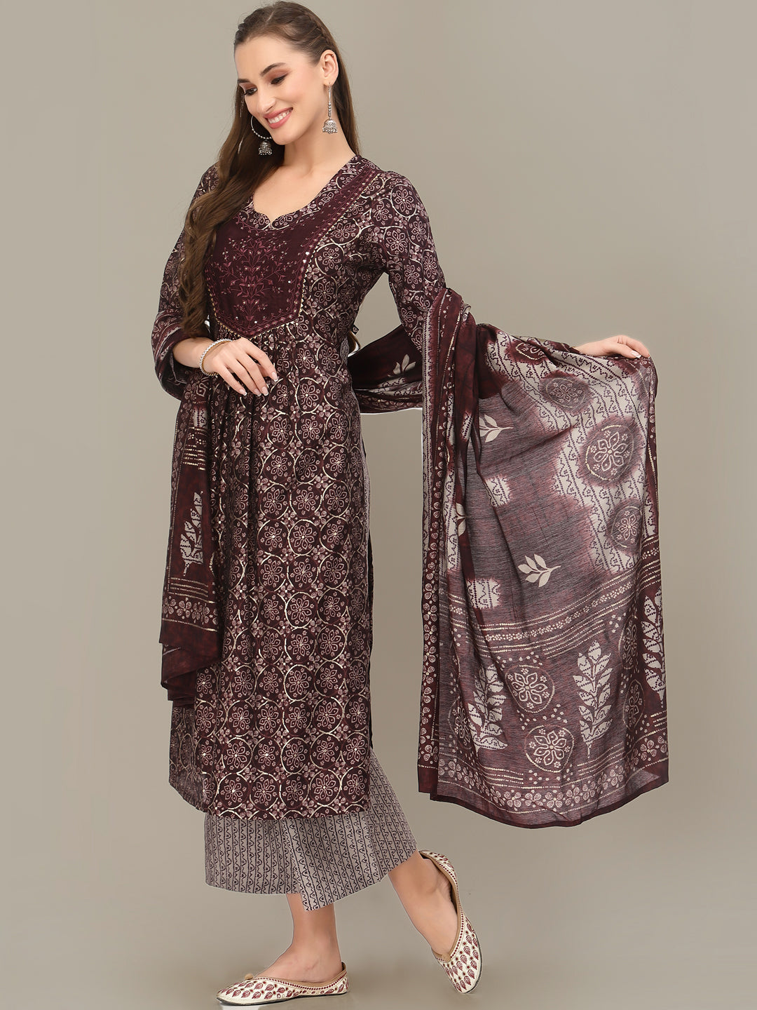 Burgundy Digital Indi Prints Kurta Palazzo & Mirror Resham Embroidery