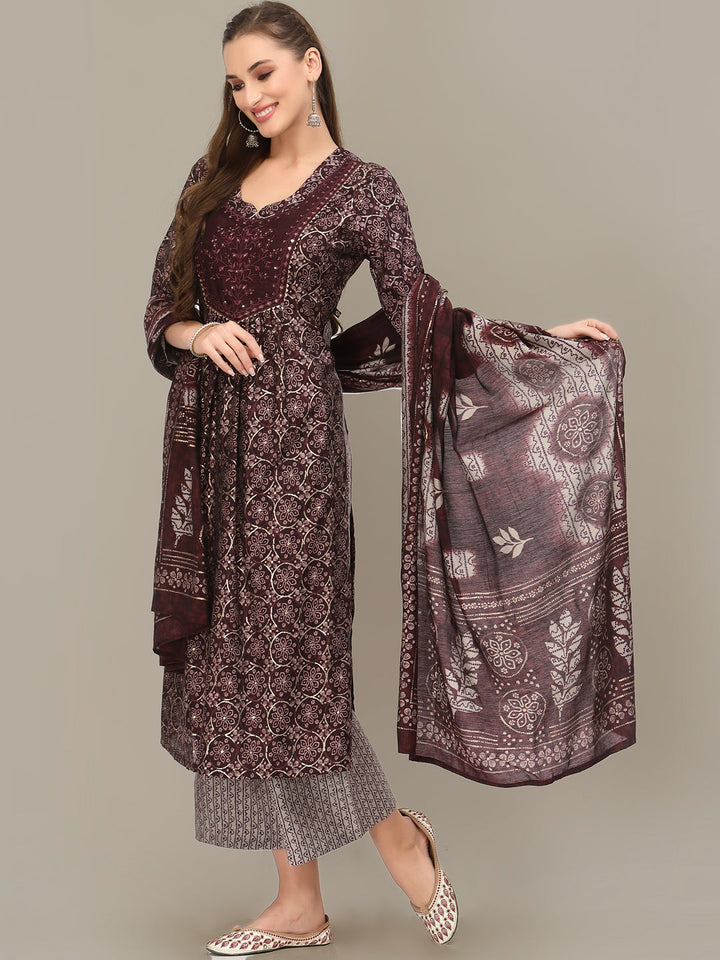 Burgundy Digital Indi Prints Kurta Palazzo & Mirror Resham Embroidery