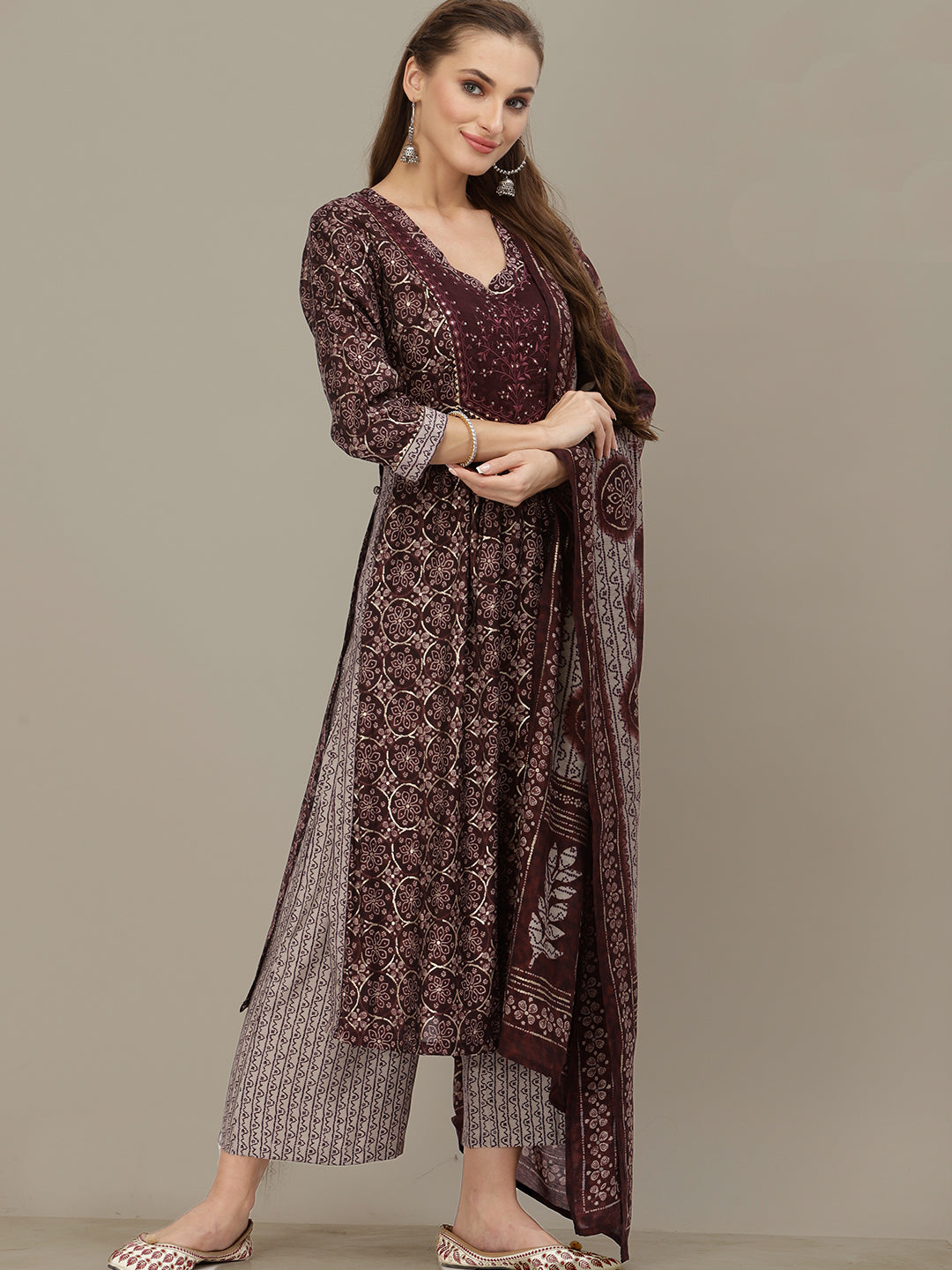 Burgundy Digital Indi Prints Kurta Palazzo & Mirror Resham Embroidery