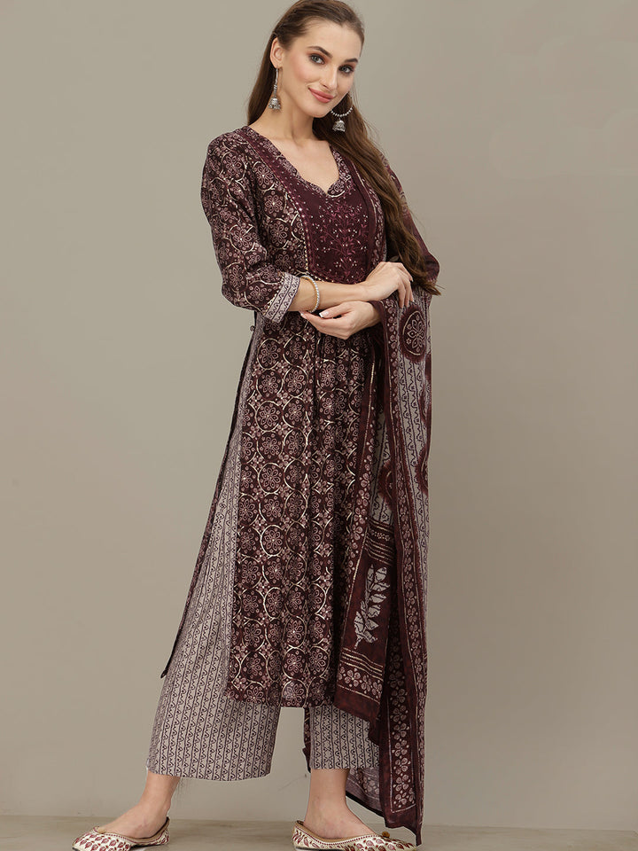 Burgundy Digital Indi Prints Kurta Palazzo & Mirror Resham Embroidery