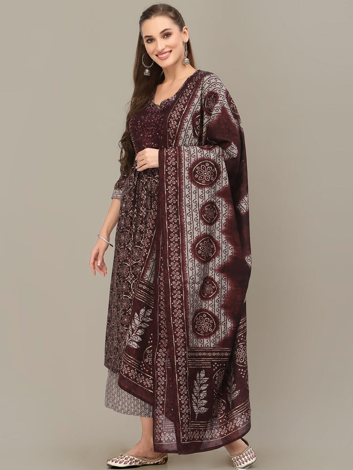 Burgundy Digital Indi Prints Kurta Palazzo & Mirror Resham Embroidery
