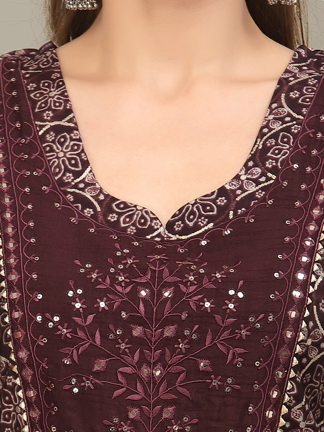 Burgundy Digital Indi Prints Kurta Palazzo & Mirror Resham Embroidery