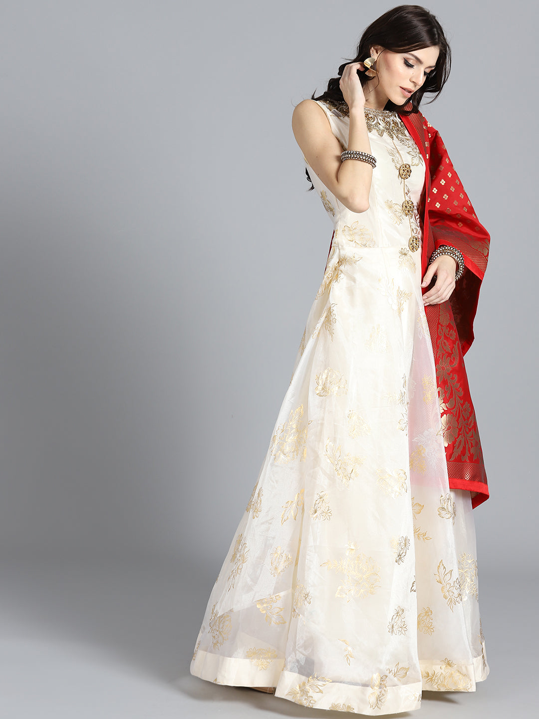Textured Organza Anarkali with Banarasi Dupatta