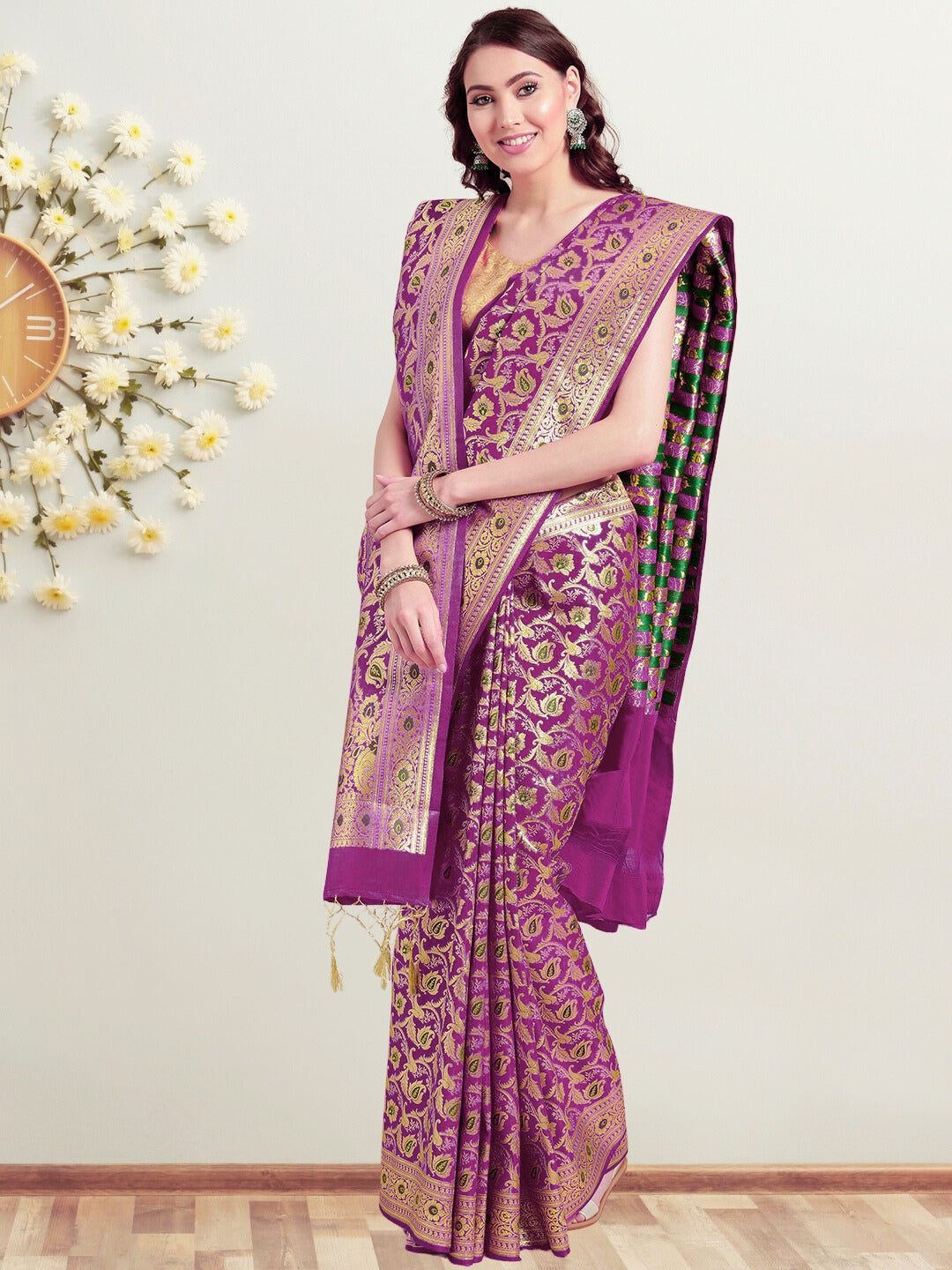 Handloom Banarasi Silk saree with Zari Meenakari weaving and matching Tasseled Dupatta