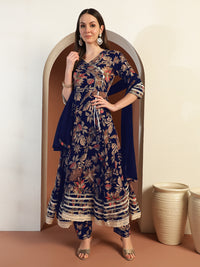 Chhabra 555 Floral Print Gota Patti Embellished Angrakha Flared Suit with Schiffli Embroidered Laces