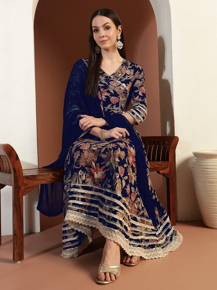 Floral Print Gota Patti Embellished Angrakha Flared Suit with Schiffli Embroidered Laces