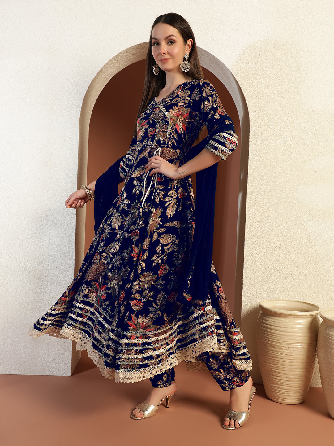 Floral Print Gota Patti Embellished Angrakha Flared Suit with Schiffli Embroidered Laces