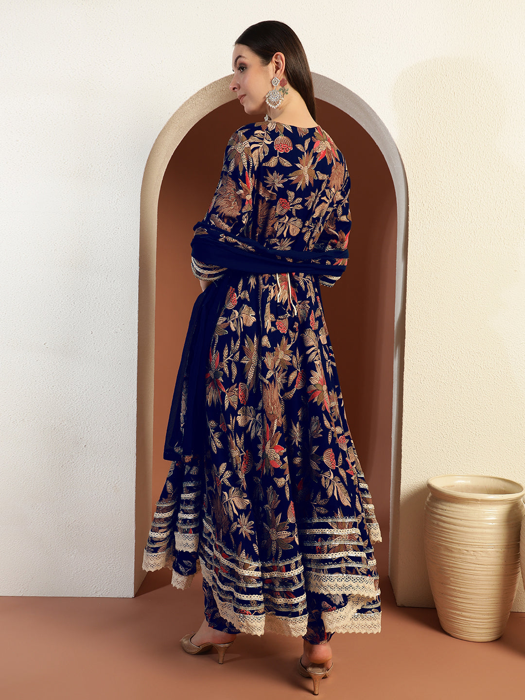 Floral Print Gota Patti Embellished Angrakha Flared Suit with Schiffli Embroidered Laces