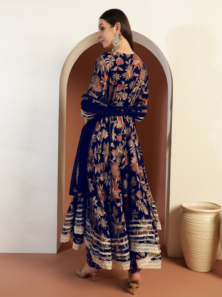 Floral Print Gota Patti Embellished Angrakha Flared Suit with Schiffli Embroidered Laces