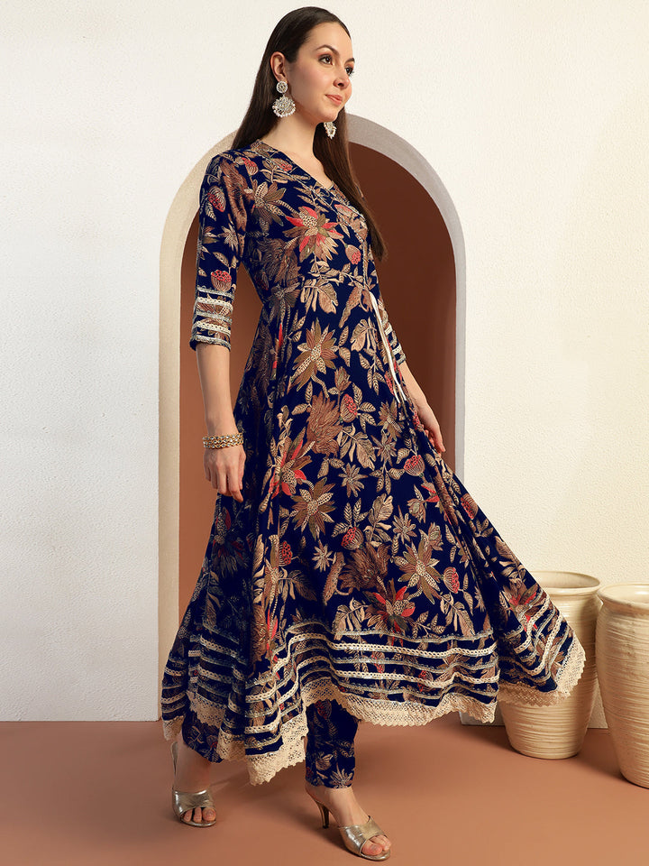 Floral Print Gota Patti Embellished Angrakha Flared Suit with Schiffli Embroidered Laces