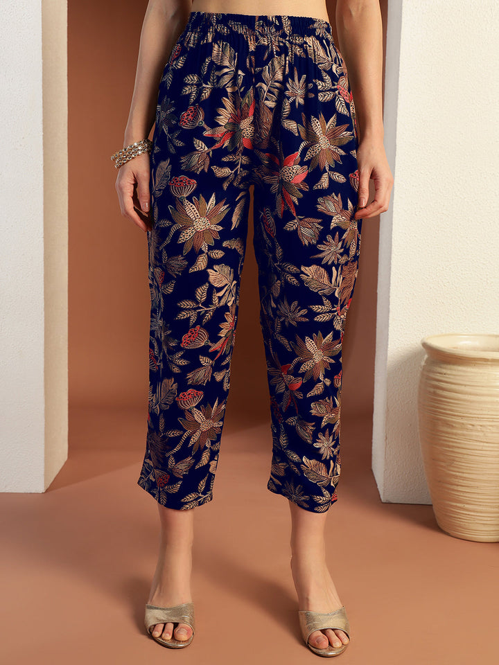 Floral Print Gota Patti Embellished Angrakha Flared Suit with Schiffli Embroidered Laces