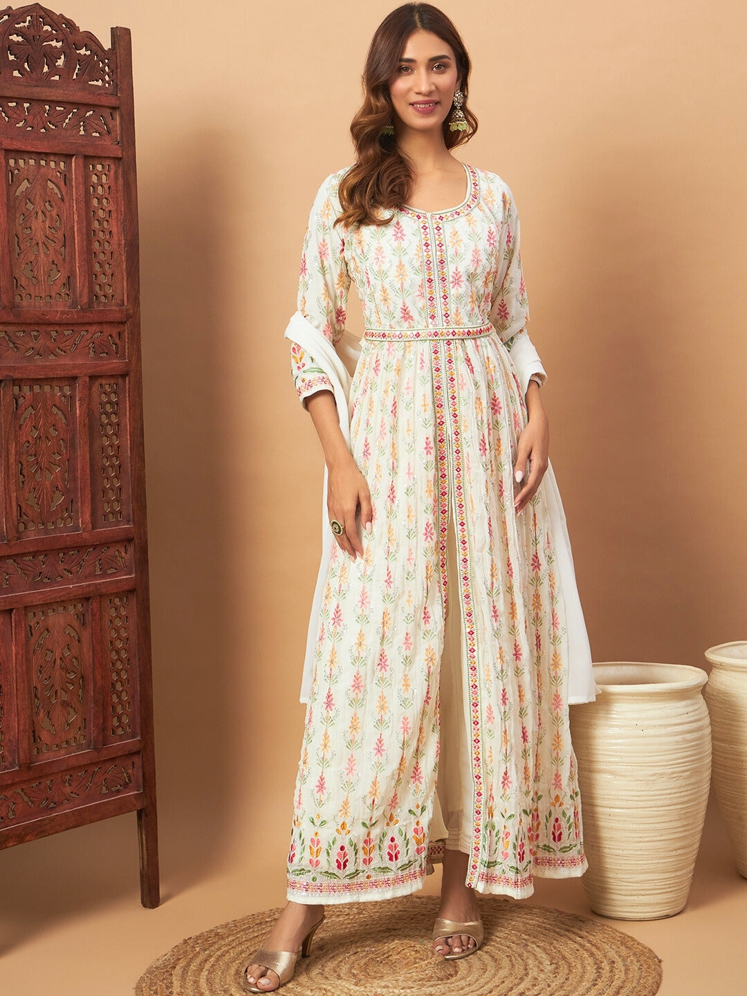 Chhabra 555 Front Slit Georgette Long Kurta Set with Multicolor Resham Thread Embroidery and Belt