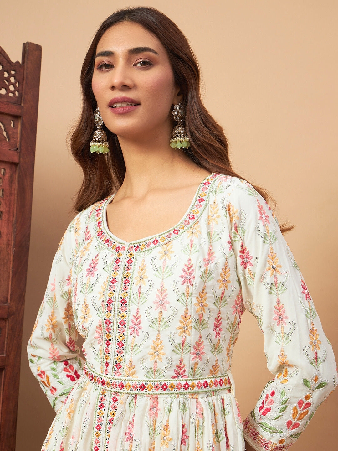 Front Slit Georgette Long Kurta Set with Multicolor Resham Thread Embroidery and Belt