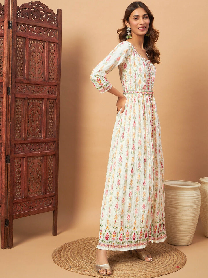 Front Slit Georgette Long Kurta Set with Multicolor Resham Thread Embroidery and Belt