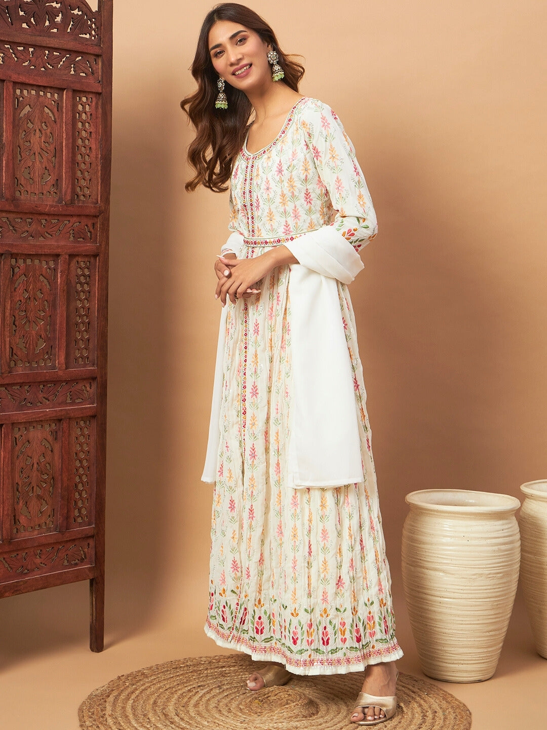 Front Slit Georgette Long Kurta Set with Multicolor Resham Thread Embroidery and Belt