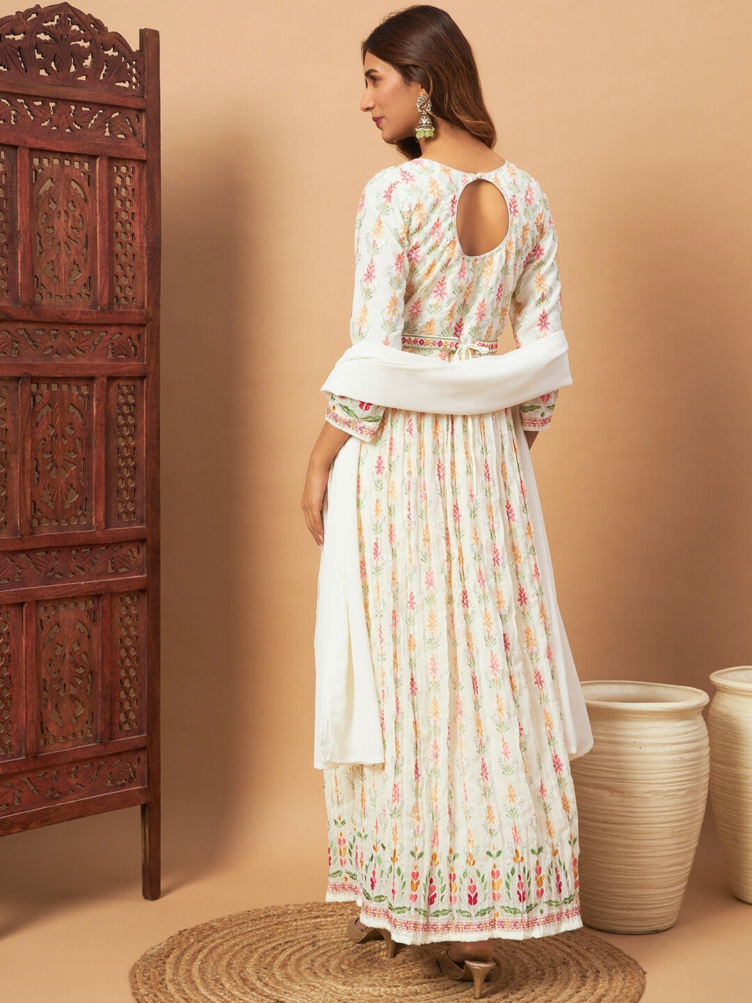 Front Slit Georgette Long Kurta Set with Multicolor Resham Thread Embroidery and Belt