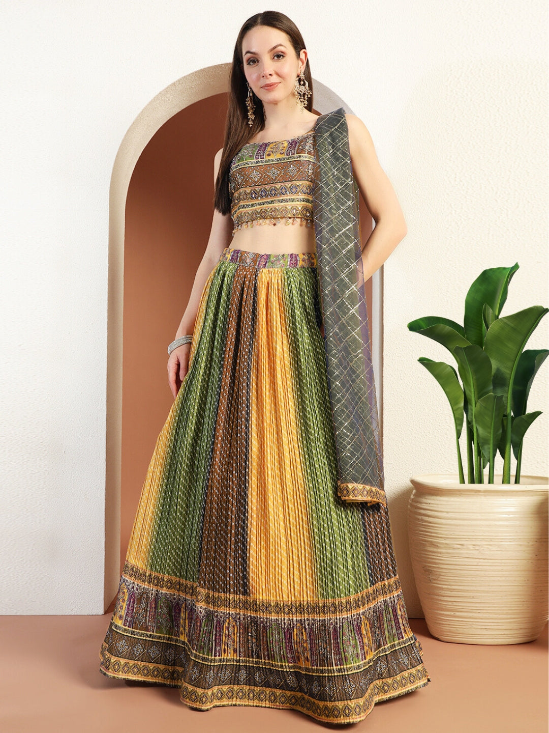 Chhabra 555 Multicolor Ombre Bandhani Lehenga with Embellished Tasseled Choli & Sequinned Dupatta