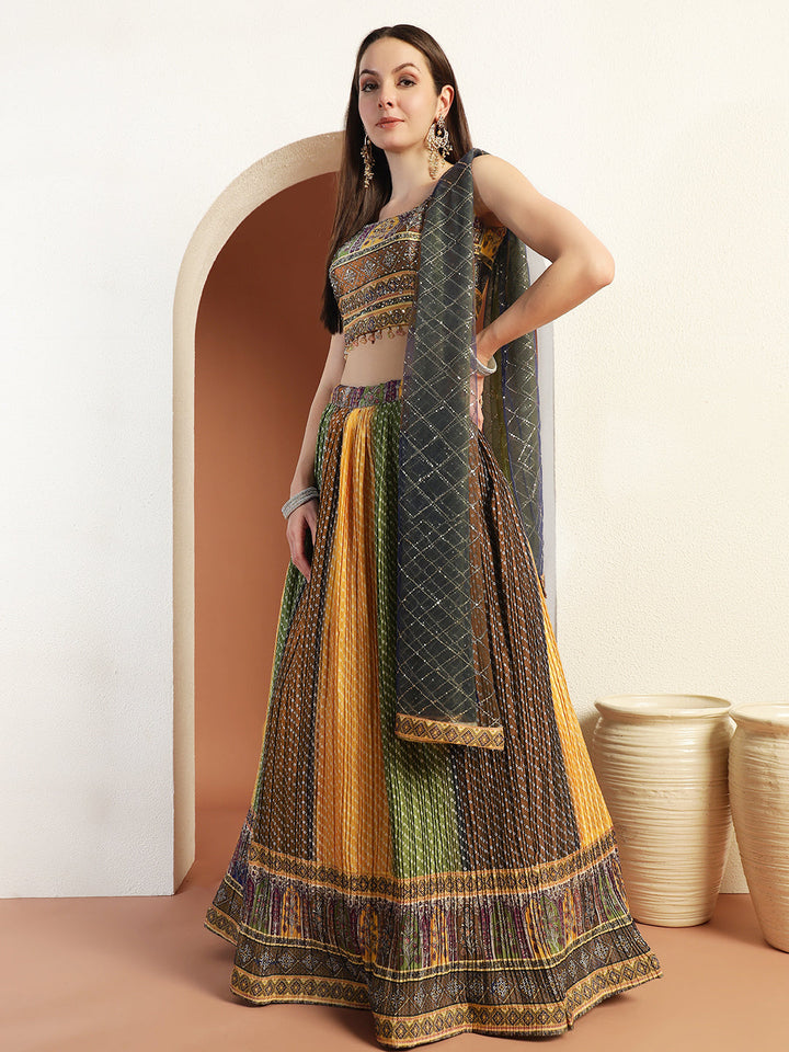 Chhabra 555 Multicolor Ombre Bandhani Lehenga with Embellished Tasseled Choli & Sequinned Dupatta