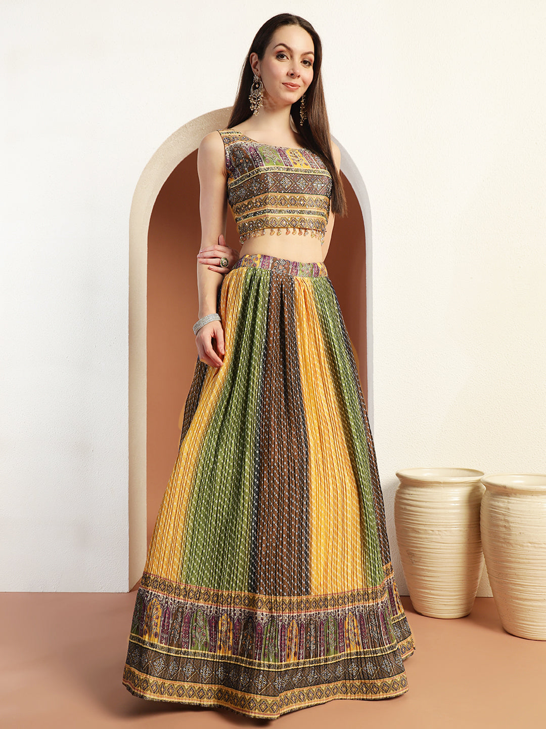Chhabra 555 Multicolor Ombre Bandhani Lehenga with Embellished Tasseled Choli & Sequinned Dupatta