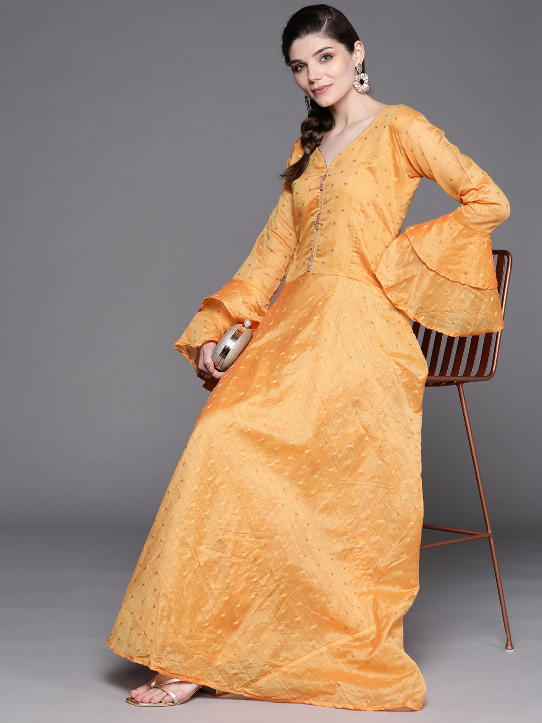 Made to Measure Mustard Chanderi Flared Dress with Zari weaving & Bell sleeves