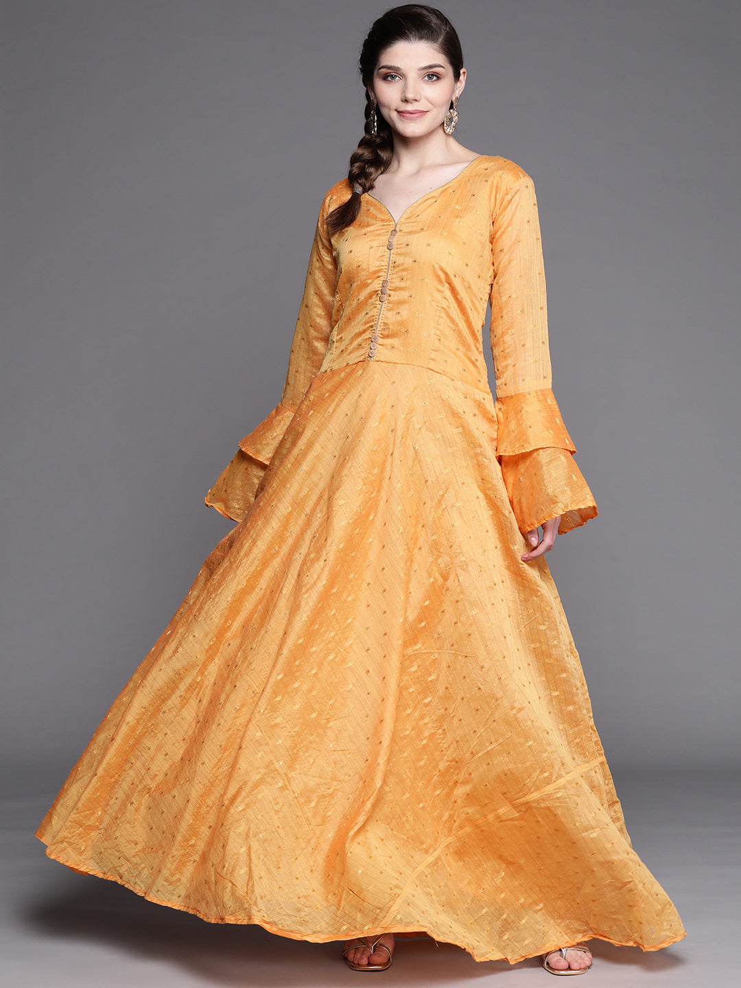 Made to Measure Mustard Chanderi Flared Dress with Zari weaving & Bell sleeves