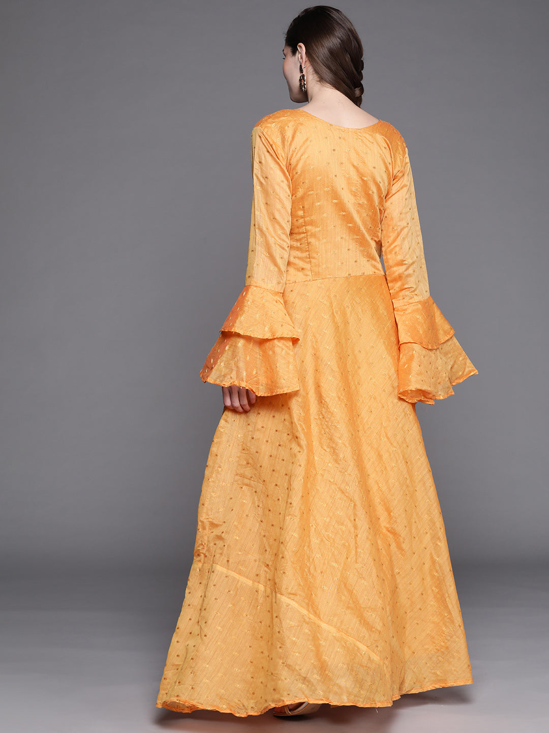 Made to Measure Mustard Chanderi Flared Dress with Zari weaving & Bell sleeves