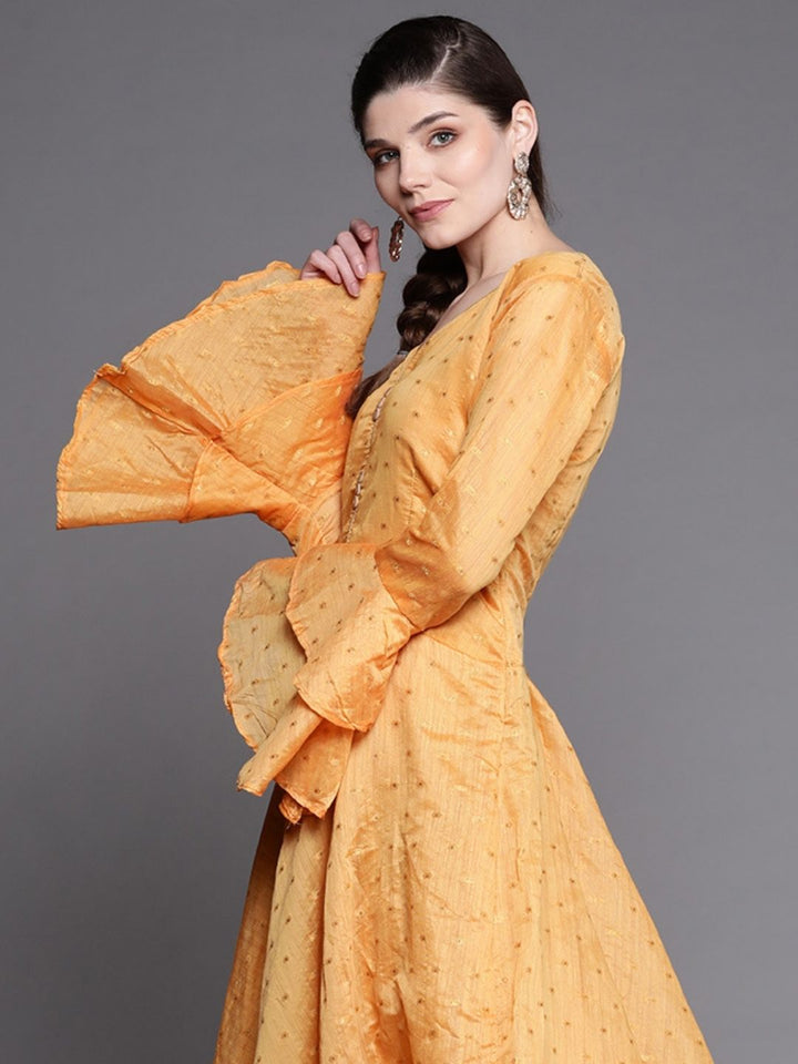 Made to Measure Mustard Chanderi Flared Dress with Zari weaving & Bell sleeves
