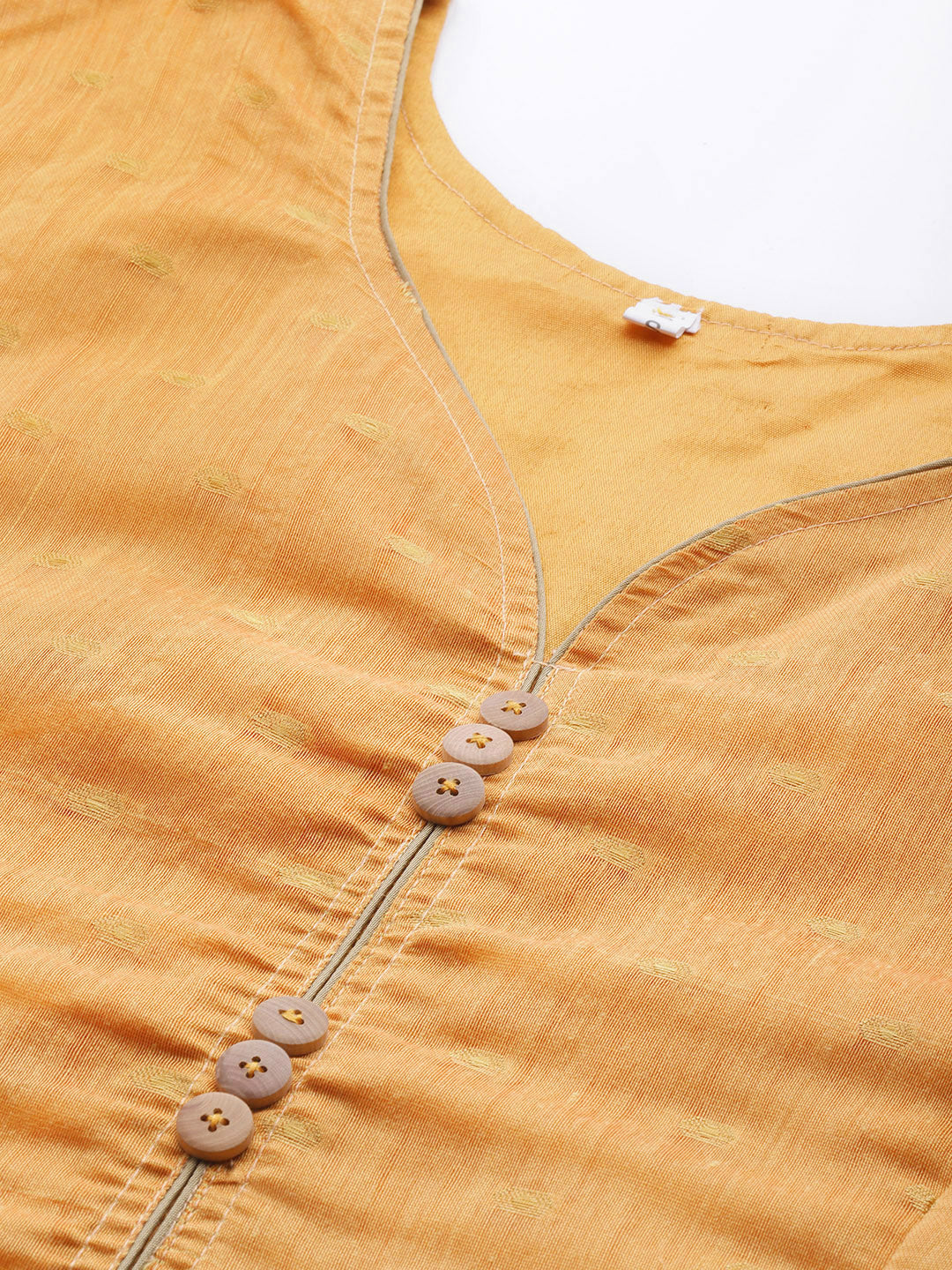 Made to Measure Mustard Chanderi Flared Dress with Zari weaving & Bell sleeves