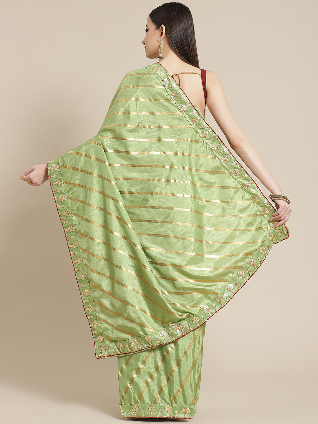 Green Foil Print Leheriya Style Saree with Gotapatti Embroidery Border