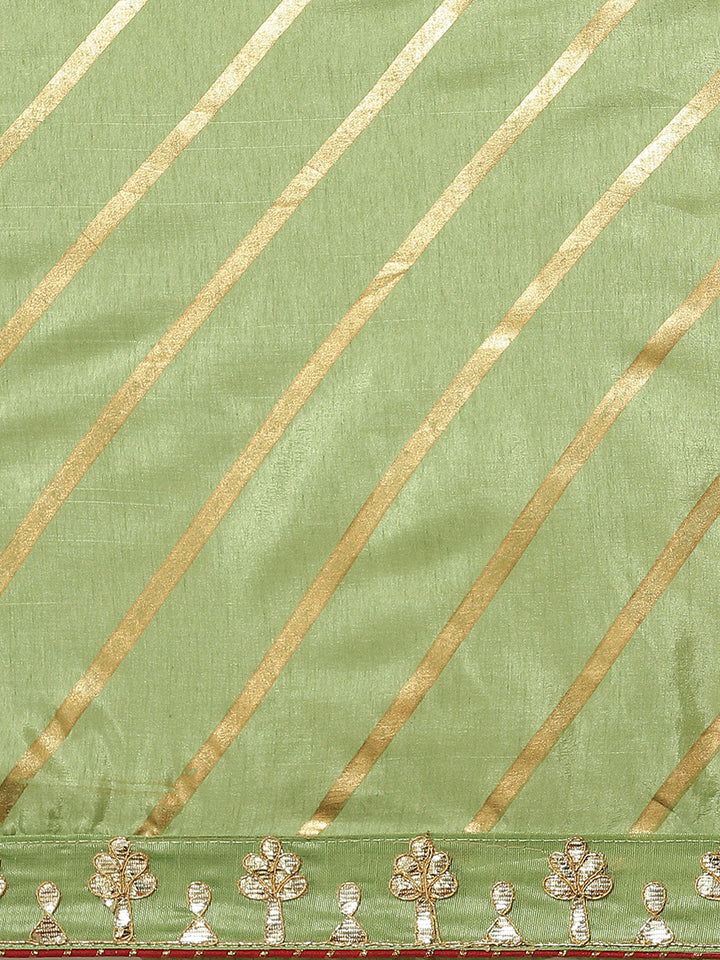 Green Foil Print Leheriya Style Saree with Gotapatti Embroidery Border