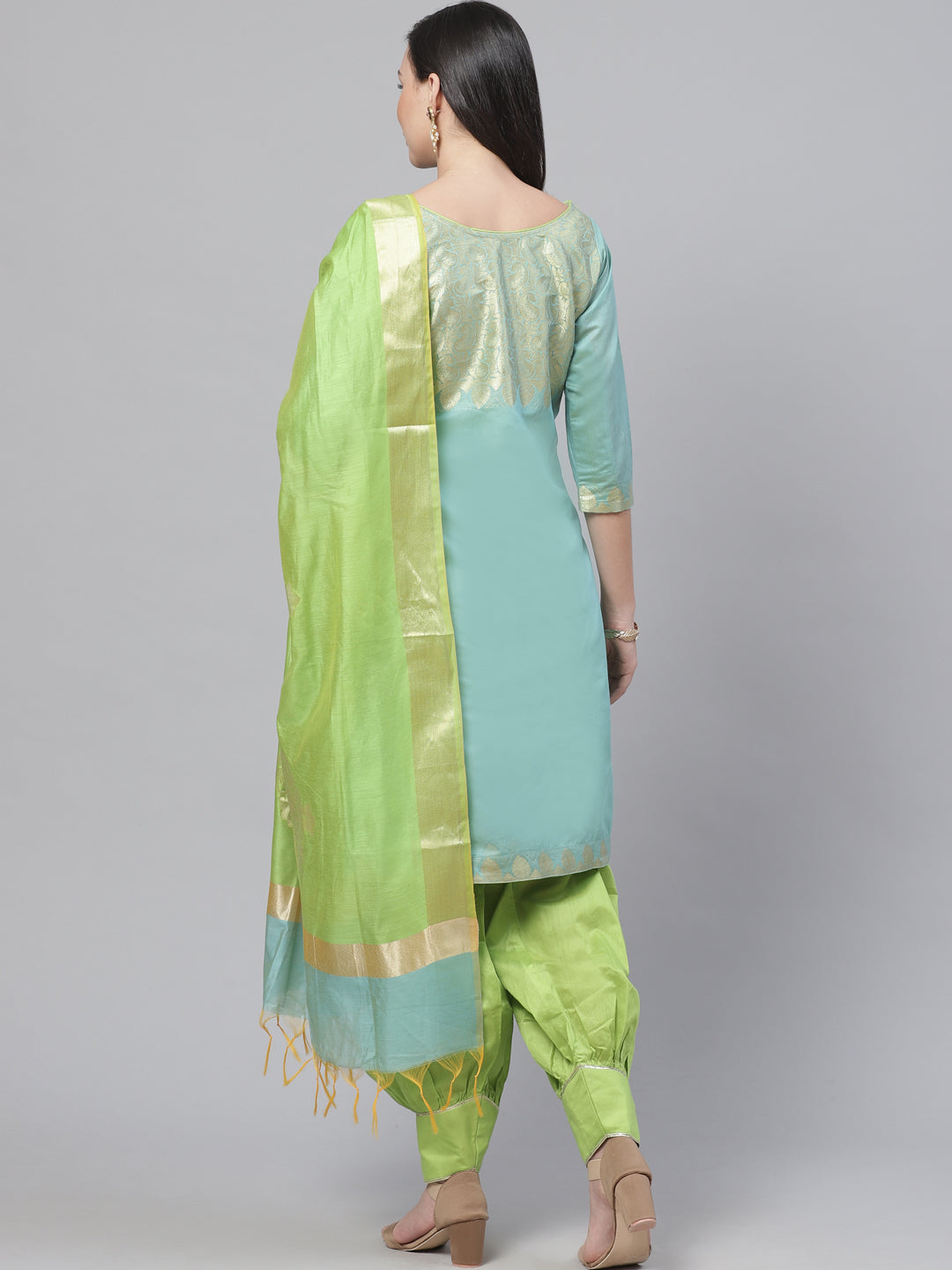 Handloom Chanderi Stitched Suit with Zari Pasleys, Contrast Woven Dupatta & Tassels